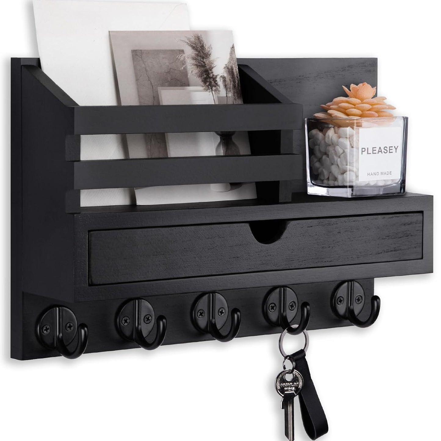 Key Holder Wall Mount, Mail Holder with Storage Drawer and 5 Key Hooks for Coat, Dog Leash, Home Decor Rack, House Accessories, Entry Way Organizer