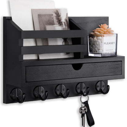 Key Holder Wall Mount, Mail Holder with Storage Drawer and 5 Key Hooks for Coat, Dog Leash, Home Decor Rack, House Accessories, Entry Way Organizer
