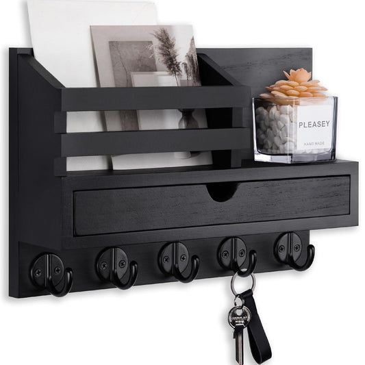 Key Holder Wall Mount, Mail Holder with Storage Drawer and 5 Key Hooks for Coat, Dog Leash, Home Decor Rack, House Accessories, Entry Way Organizer