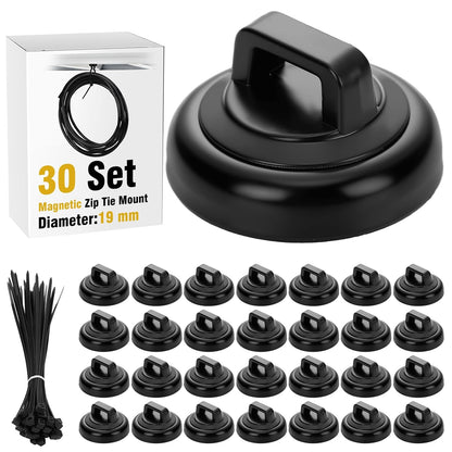 Leinuosen 30 Set Magnetic Zip Tie Mount and Nylon Cable Ties, 19 mm Multipurpose Wire Cable Holder Mount Wire Clips Management Electrical Organization Supplies (Black)