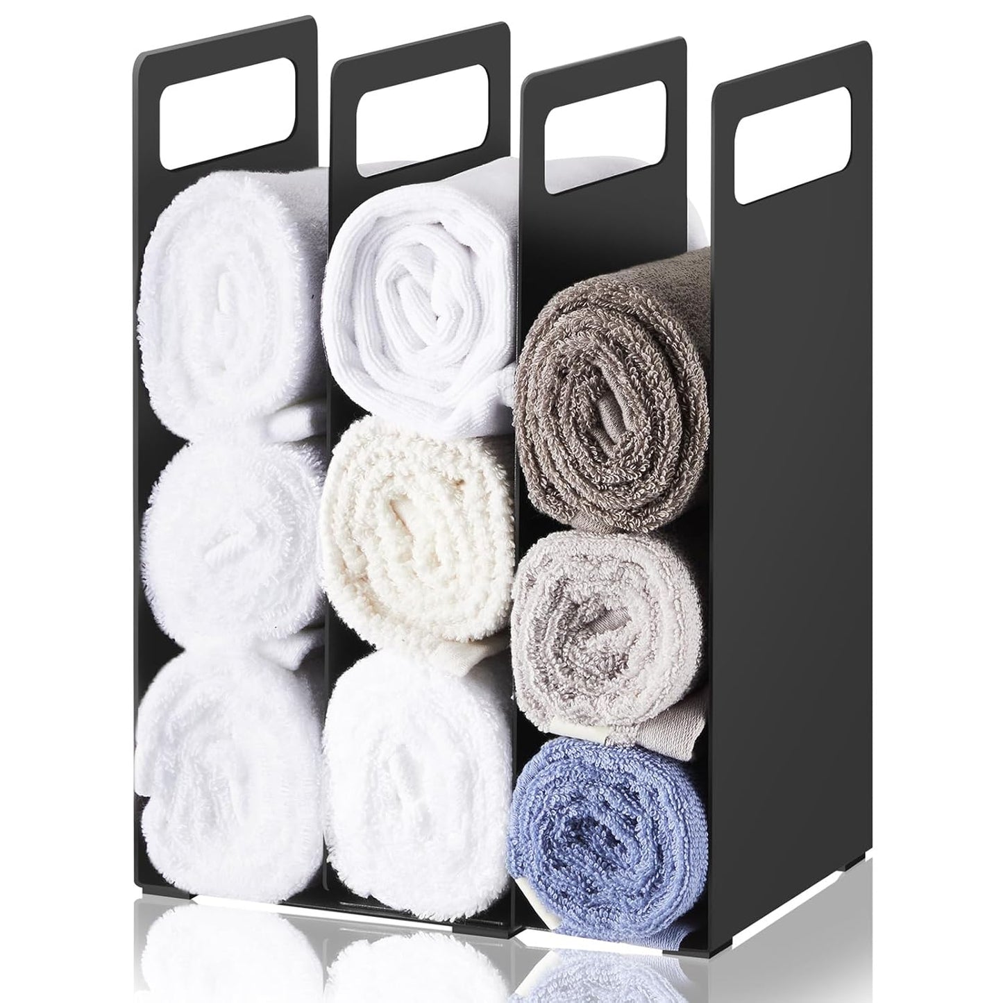 Set of 2 Towel Organizer for Closet Shelf, Interlocking Metal Towel Storage Organizer for Bathroom, Storage Rack with Divider for Linen Closet, Cabinet and Home Organization (Black)