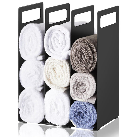 Set of 2 Towel Organizer for Closet Shelf, Interlocking Metal Towel Storage Organizer for Bathroom, Storage Rack with Divider for Linen Closet, Cabinet and Home Organization (Black)