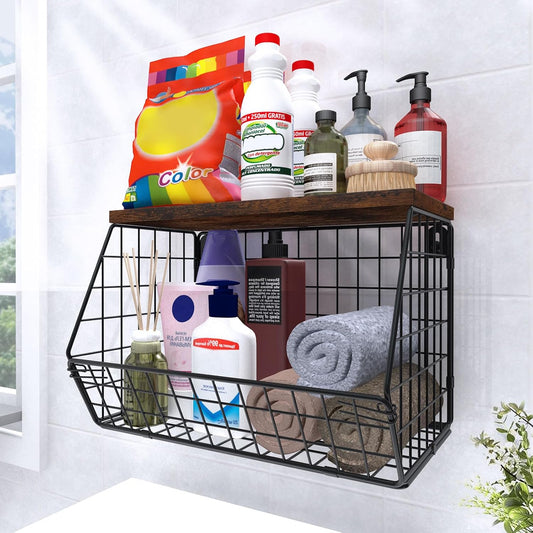 MSJGA Laundry Room Shelves, Wall Mounted Storage Basket, 11.8"Wx7.9"Dx8.5"H | Stackable Wire Wall Shelves Organizer for Towels, Detergent, Tissues, Space-Saving Over Washer & Dryer, Small Spaces