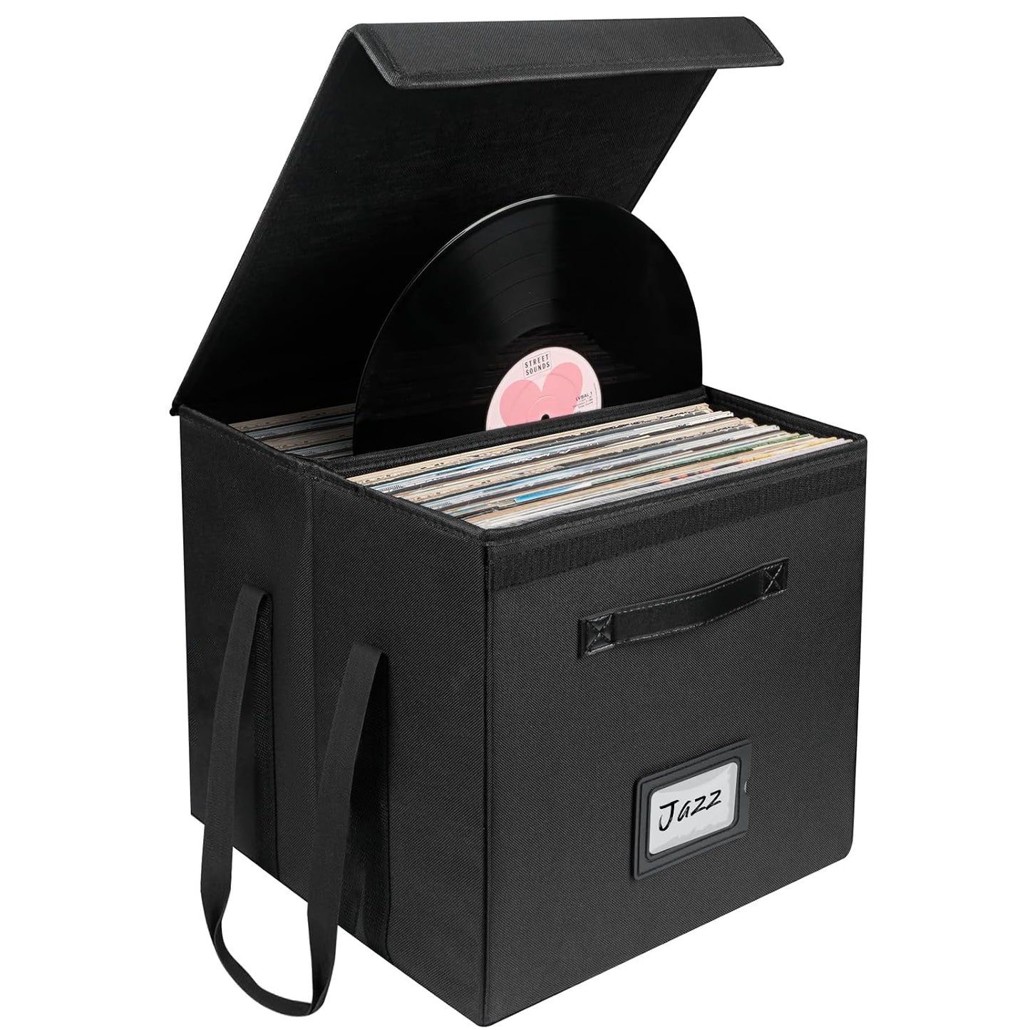 Uniclife Vinyl Record Storage Box with Lid & Handles | Collapsible, Splash-Resistant Album Storage Crate for 80 Single Records (12"), Black, 13" × 13" × 13"