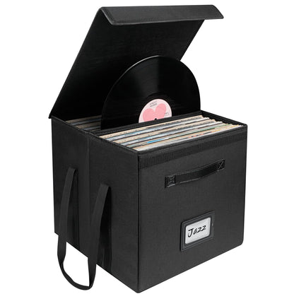 Uniclife Vinyl Record Storage Box with Lid & Handles | Collapsible, Splash-Resistant Album Storage Crate for 80 Single Records (12"), Black, 13" × 13" × 13"