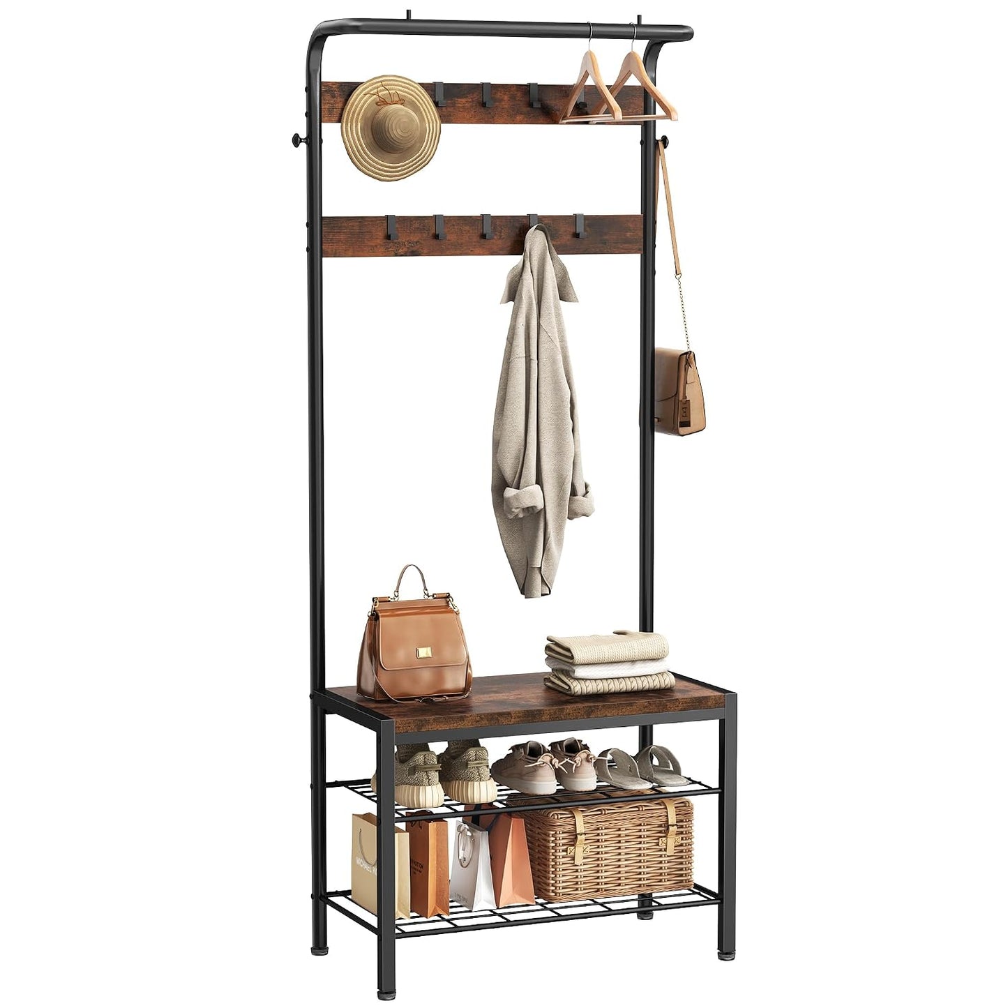 NEWBULIG Coat Rack, Hall Tree with Shoe Bench, 4-in-1 Entryway Organizer with 10 Hooks and Storage Shelf, Rustic Wood Entryway Bench for Mudroom, Living Room, Bedroom, Brown