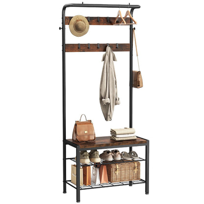 NEWBULIG Coat Rack, Hall Tree with Shoe Bench, 4-in-1 Entryway Organizer with 10 Hooks and Storage Shelf, Rustic Wood Entryway Bench for Mudroom, Living Room, Bedroom, Brown