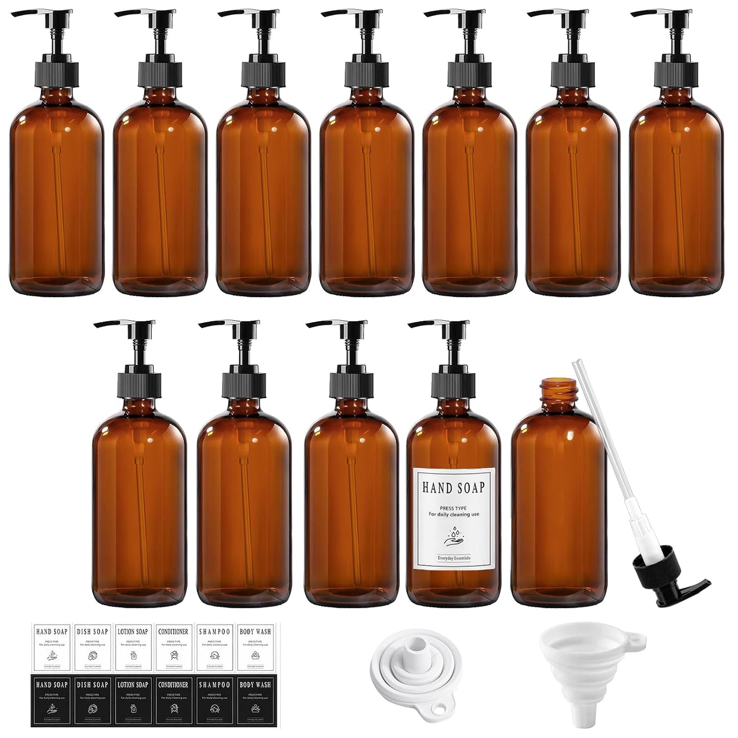 12 Pack 8oz Amber Glass Bottles with Pump Dispensers | Refillable Soap Dispensers for Shampoo, Conditioner, Lotion & Body Wash, Bathroom & Kitchen, Includes 2 Funnels & 12 Labels