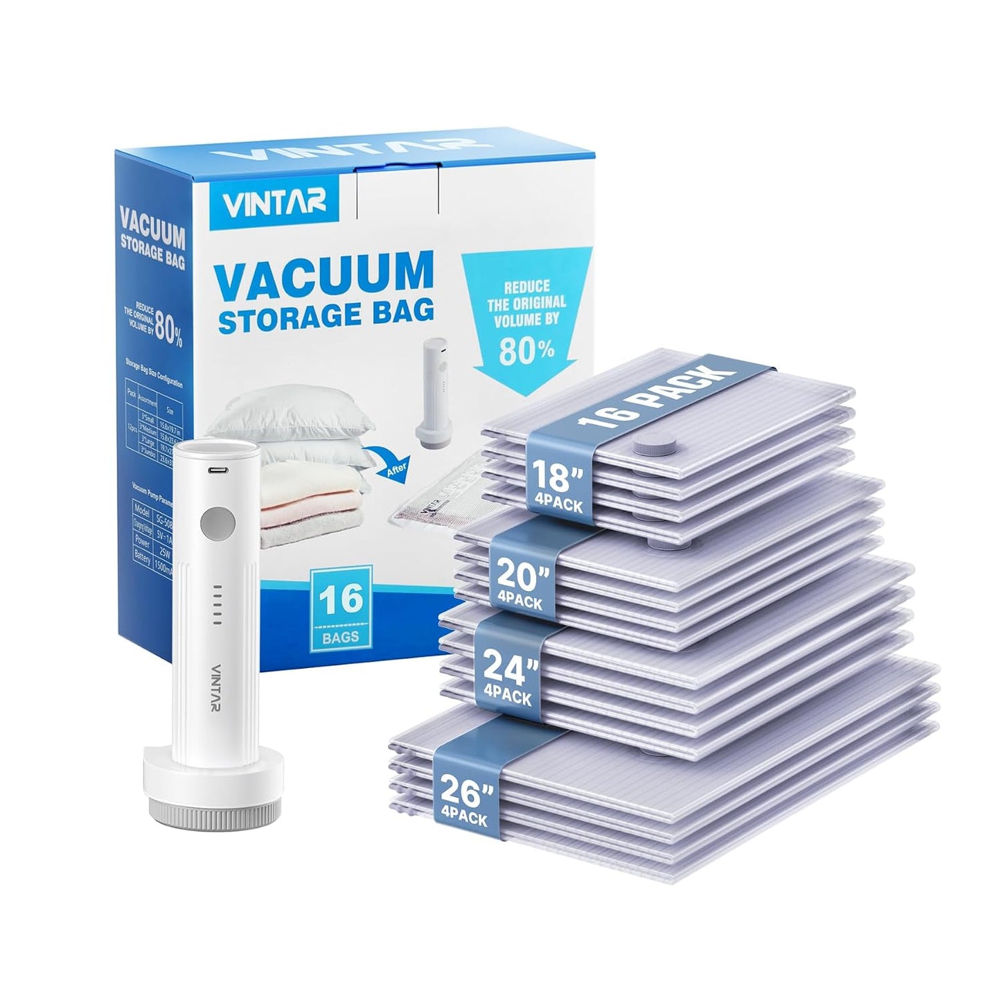 VINTAR 16 Pack Vacuum Seal Bags for Clothing Travel with Wireless Pump | Rechargeable Cordless Pump, Triple-Seal Leak-Proof, 16-Pack 4 Sizes (4J+4L+4M+4S) for Travel Luggage, Suitcase, Home Storage