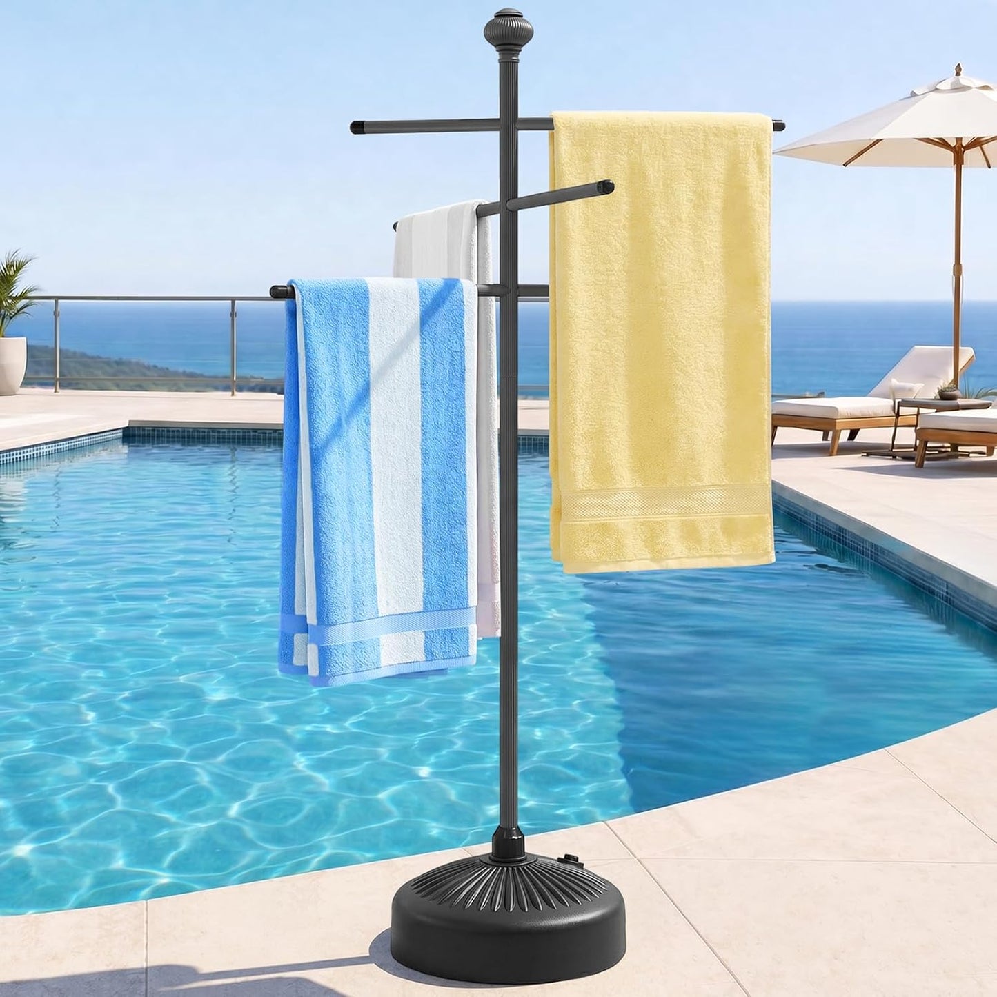 Pool Towel Rack Outdoor, 59" Aluminum Towel Holder with Wide Stable Base,6 Adjustable Bars, Pool Furniture,Rustproof Towel Drying Rack for Pool, Patio, Hot Tub,& Spa – Gray