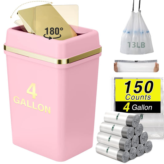 Pink Bathroom Trash Can with Lid 4 Gallon Trash Can Bedroom Trash Can Small Garbage Can with 150 Counts Trash Bags for Small Bathroom Bedroom Office