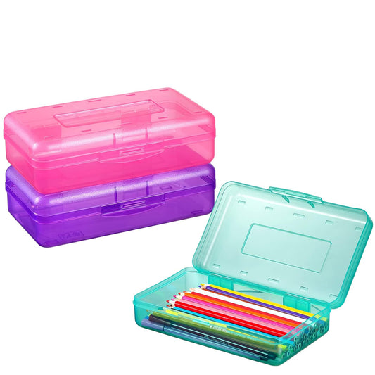 Sooez 3 Pack Pencil Case, Large Hard Pencil Box Bulk, Clear Crayon Box | Marker Pen Organizer, Plastic Storage Container with Snap Lid, Stackable Art Craft Organizer Back to School Supplies