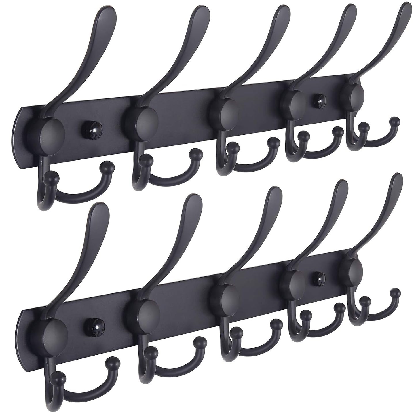 Coat Rack Wall Mounted - 5 Tri Hooks, Heavy Duty, Stainless Steel, Metal Coat Hook Rail for Coat Hat Towel Purse Robes Mudroom Bathroom Entryway (Black, 2 Packs)