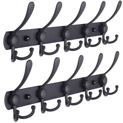 Coat Rack Wall Mounted - 5 Tri Hooks, Heavy Duty, Stainless Steel, Metal Coat Hook Rail for Coat Hat Towel Purse Robes Mudroom Bathroom Entryway (Black, 2 Packs)