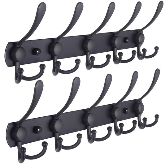 Coat Rack Wall Mounted - 5 Tri Hooks, Heavy Duty, Stainless Steel, Metal Coat Hook Rail for Coat Hat Towel Purse Robes Mudroom Bathroom Entryway (Black, 2 Packs)