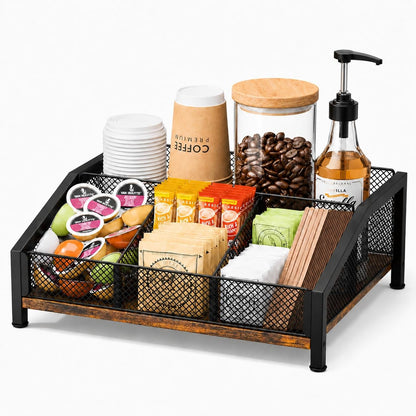 Coffee Station Organizer - Coffee Bar Organizer with Removable Dividers for Pods Condiment Syrup Tea Stirrers, K Cup Holder for Kitchen, Office, Home, Countertop, Brown