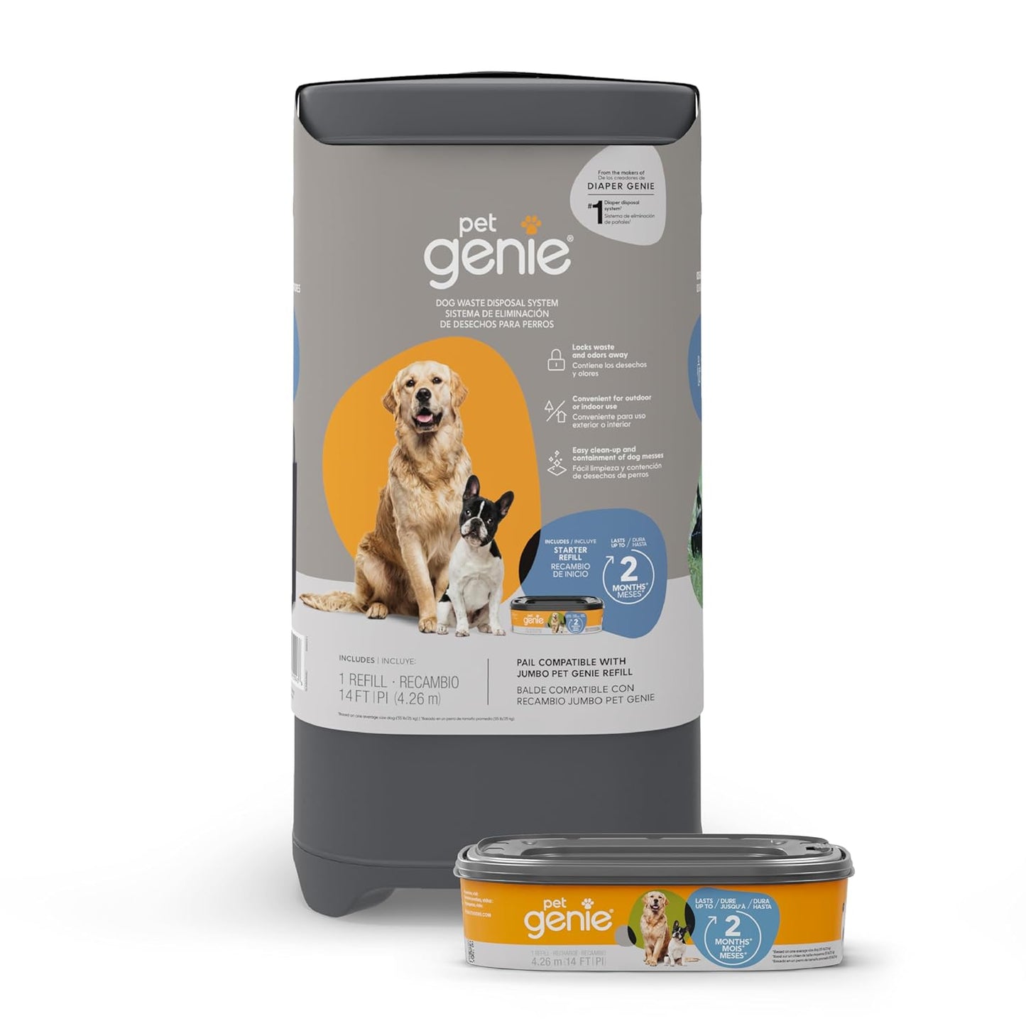 Pet Genie Pail | Dog Waste Disposal System for Outdoor and Indoor Odor Control | Dog Poop Trash can | Includes 1 Square Refill Bag that Lasts up to 2 Months
