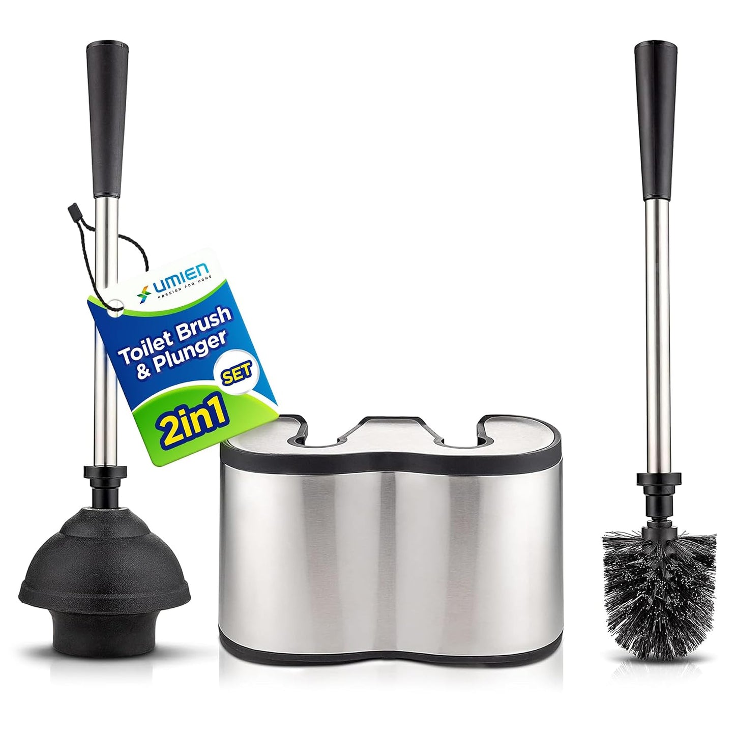 Toilet Brush and Plunger Set, Satin Nickel, Long Handle Freestanding | Satin Nickel, Toilet Brush + Plunger Combo, No-Rust Stainless Steel, Long Handle, Freestanding Canister
