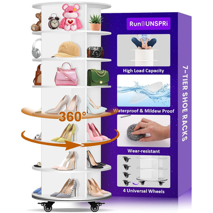 7 Tier Rotating Shoe Rack with 4 Universal Wheels, 360° Revolving Free Standing Shoe Organizer, Multifunctional Storage Revolving Shoe Rack Tower, Spinning Shoe Racks Display Lazy Susan Equipped