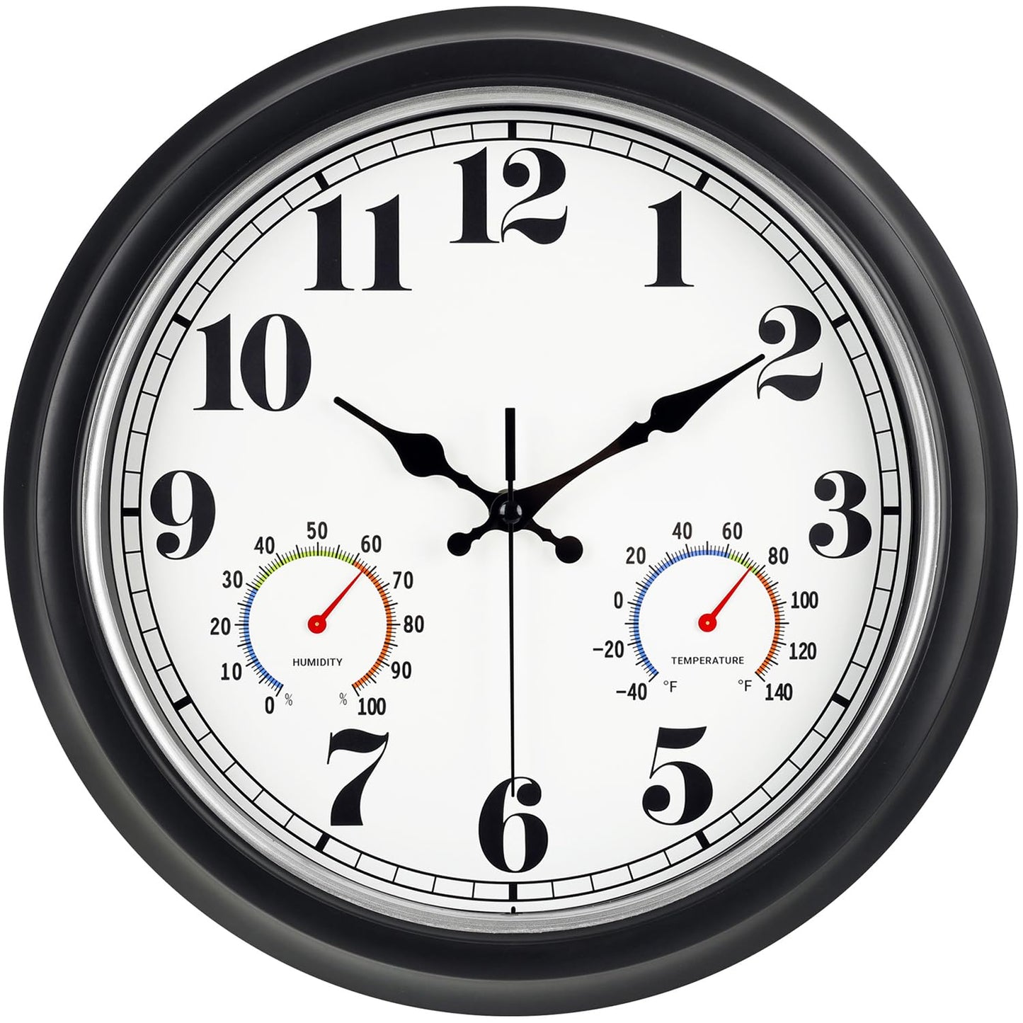 45MinST 13-Inch Vintage Outdoor Wall Clock with Thermometer and Hygrometer, Waterproof, Large Numbers, Silent, for Indoor and Outside Use,Porch,Garden,Pool(Black Frame with Silver Trim)