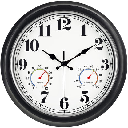 45MinST 13-Inch Vintage Outdoor Wall Clock with Thermometer and Hygrometer, Waterproof, Large Numbers, Silent, for Indoor and Outside Use,Porch,Garden,Pool(Black Frame with Silver Trim)