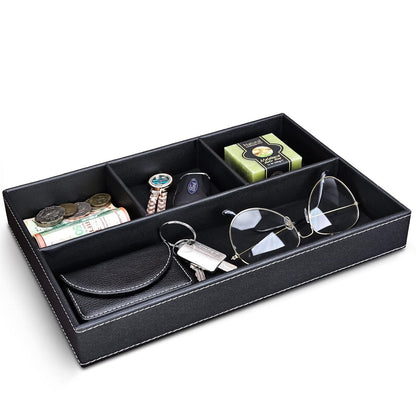 GORESE Faux Leather Valet Tray for Men, Stackable Jewelry Trays Drawer Organizer Tray Nightstand Organizer for Men, EDC Tray for Key, Wallet, Sunglass, Watch, Coin, Phone, Cologne - Black