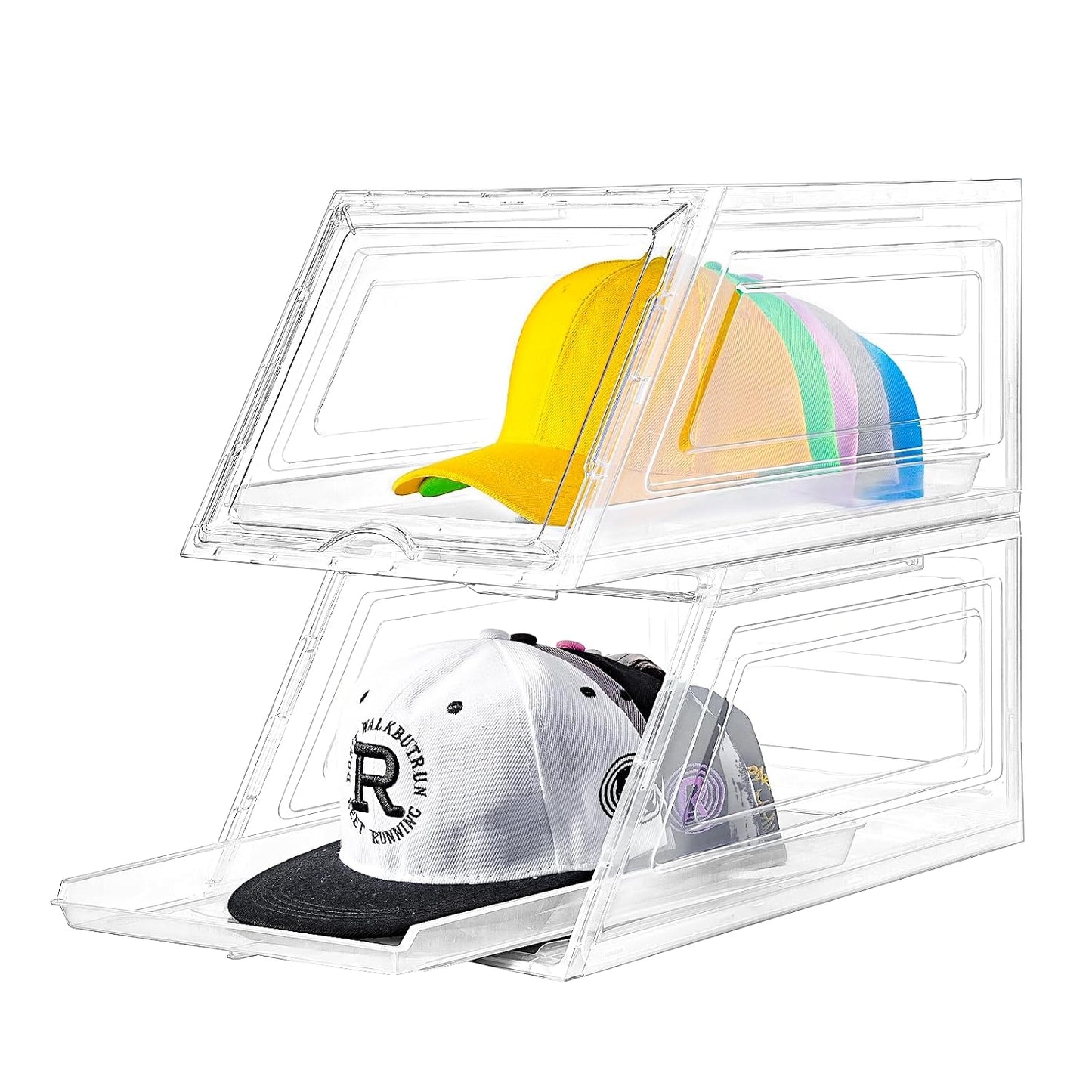 Stackable Clear Hat Organizer for Baseball Caps with Sliding Drawer | 2 Pack, Each Holds 12 Caps, Hat Storage Box for Closet, Transparent Hat Holder Display Case, Space-saving, Plastic