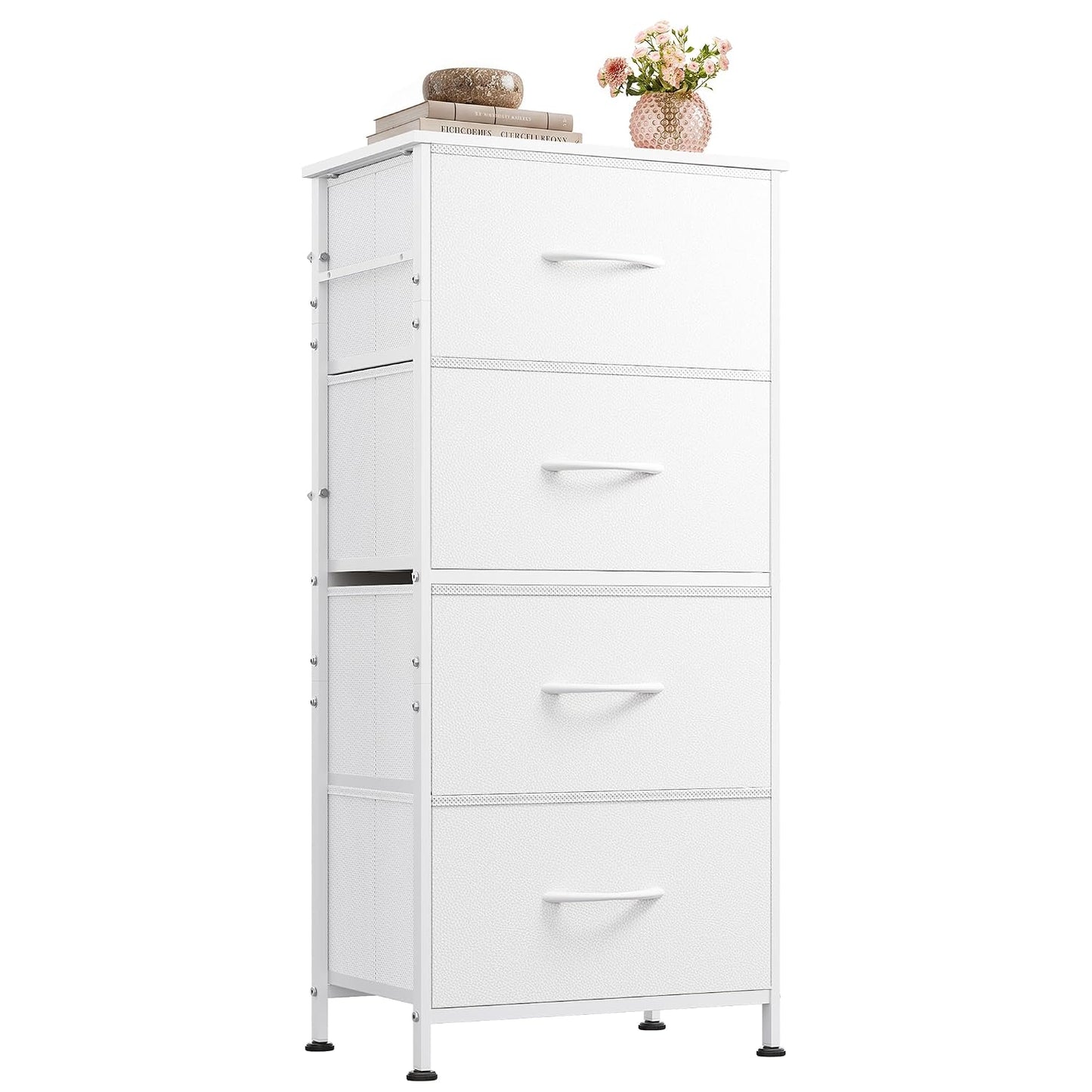 WLIVE Small Dresser Nightstand for Bedroom, 4 Drawers, White | 4 vertical fabric drawers, Space-saving tower, Bedroom or closet use, Chest of drawers, Dresser for small spaces