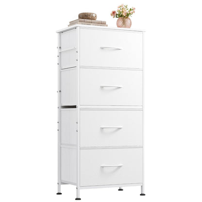 WLIVE Small Dresser Nightstand for Bedroom, 4 Drawers, White | 4 vertical fabric drawers, Space-saving tower, Bedroom or closet use, Chest of drawers, Dresser for small spaces