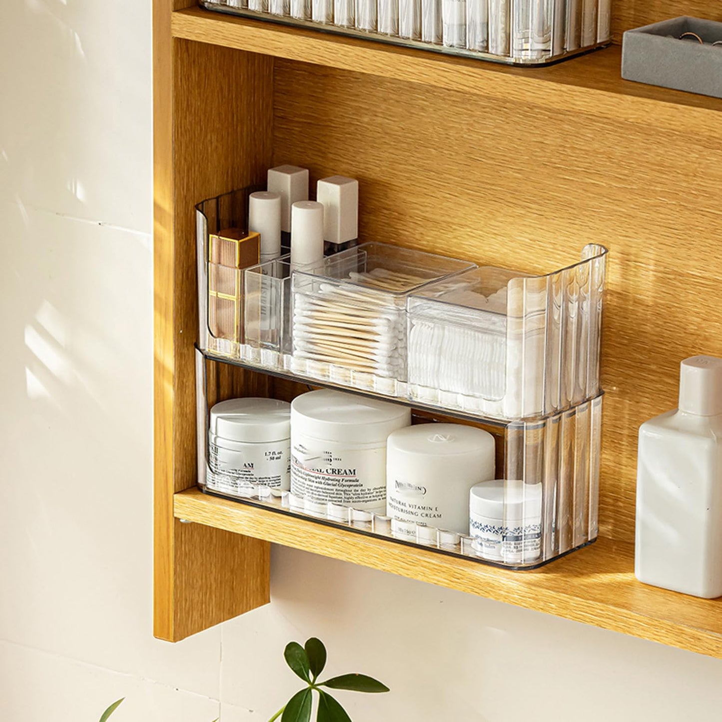 2-Tier Stackable Medicine Cabinet Organizer Shelves, Clear | Makeup Storage with Lipstick Holders, Cotton Swab Holder, Shelf Trays for Bathroom Cabinet, Counter, Vanity