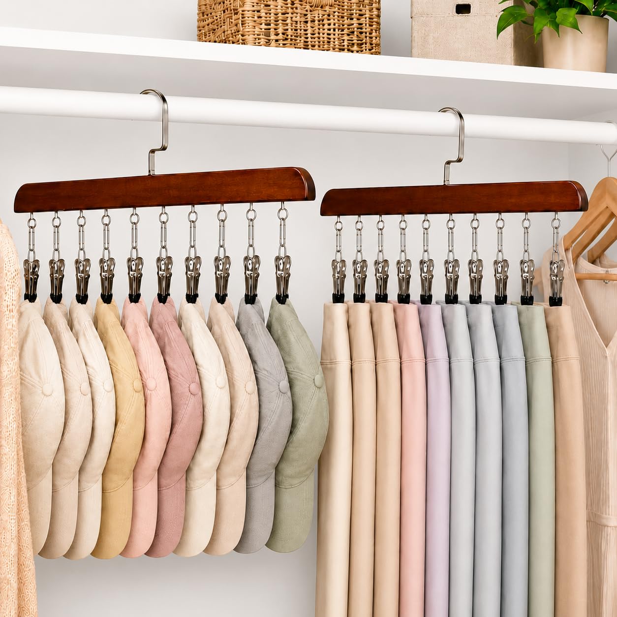 2 Pack Wooden Legging Hanger for Closet, Closet Organizer and Storage with 10 Clips Holds 20 Leggings, 360°Swivel Hook & Space Saving for Pants, Yoga Pants, Hats, Caps, Underwear, Ties, Bags