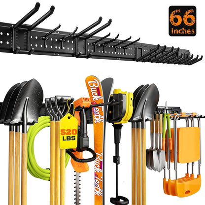 Garage Tool Organizer Wall Mount 66 inches with 13 Adjustable Heavy-Duty Hooks, Garage Organization, Garden Tool Storage Rack for Garage, Yard, and Shed, Holds Up to 520 lbs