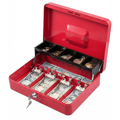 KYODOLED Locking Cash Box with Lock,Money Box with Cash Tray,Lock Safe Box with Key,Money Saving Organizer,11.81Lx 9.45Wx 3.54H Inches,Red XL Large
