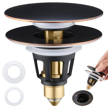 Universal 3-in-1 Bathroom Sink Stopper - Pop Up Sink Drain Stopper, Push Button Sink Drain Stopper Replacement, Wash Basin Drain Filter Plug with Anti-Clogging Strainer, Oil Rubbed Bronze