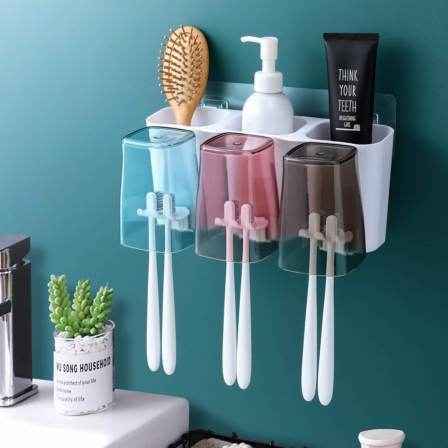 Toothbrush Holder for Bathroom, Eco-Friendly Mighty Large Capacity Toothbrush Holder Wall Mounted with 3 Square Cups for Family or Dormitory (Square Cup)