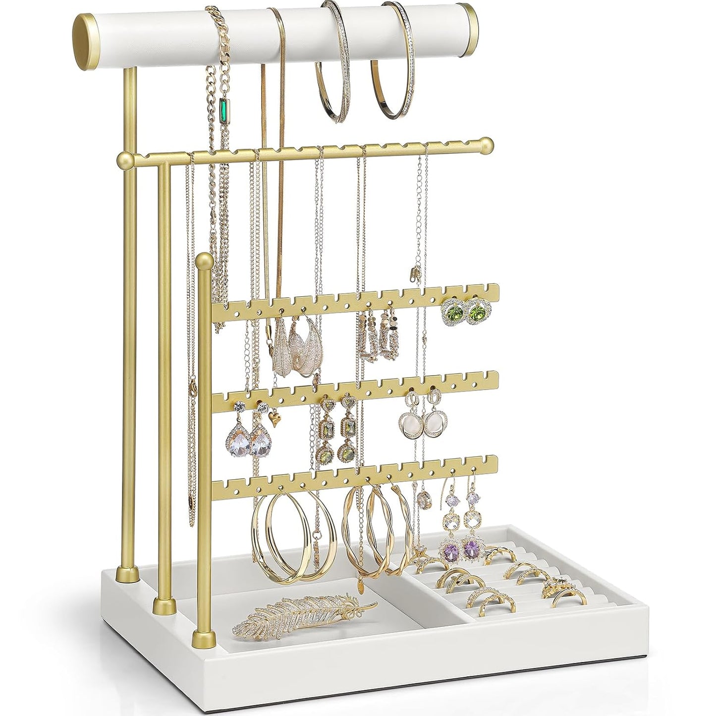 VLANDO Jewelry Stand Organizer with Ring Holder, Jewelry Holder Organizer with Tray, Necklace Holder Bracket Holder Earring Holder - White