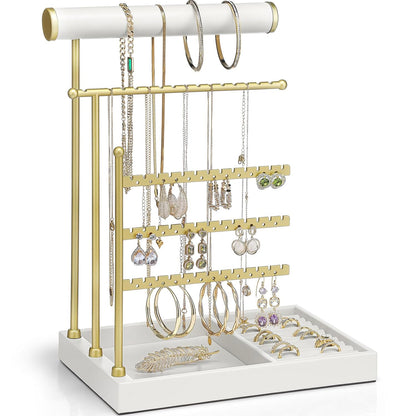 VLANDO Jewelry Stand Organizer with Ring Holder, Jewelry Holder Organizer with Tray, Necklace Holder Bracket Holder Earring Holder - White