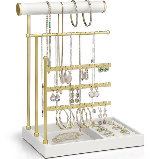 VLANDO Jewelry Stand Organizer with Ring Holder, Jewelry Holder Organizer with Tray, Necklace Holder Bracket Holder Earring Holder - White