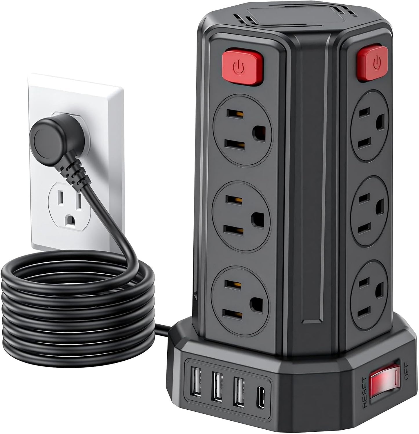 Power Strip 6.5 Ft Extension Cord with 12 AC Multiple Outlets 4 USB (1 USB C), SMALLRT Power Strip Tower Desktop Charging Station for Home Office College Dorm Essentials