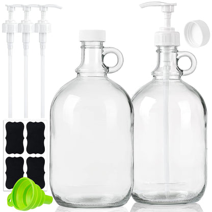 2 Pcs Glass Liquid Laundry Detergent Dispenser, Half Gallon Soap Dispenser | 64 oz Laundry Containers, Gallon Jug Pump, Thick Glass Food Grade, Includes 4 Pumps, 4 Labels, Funnel