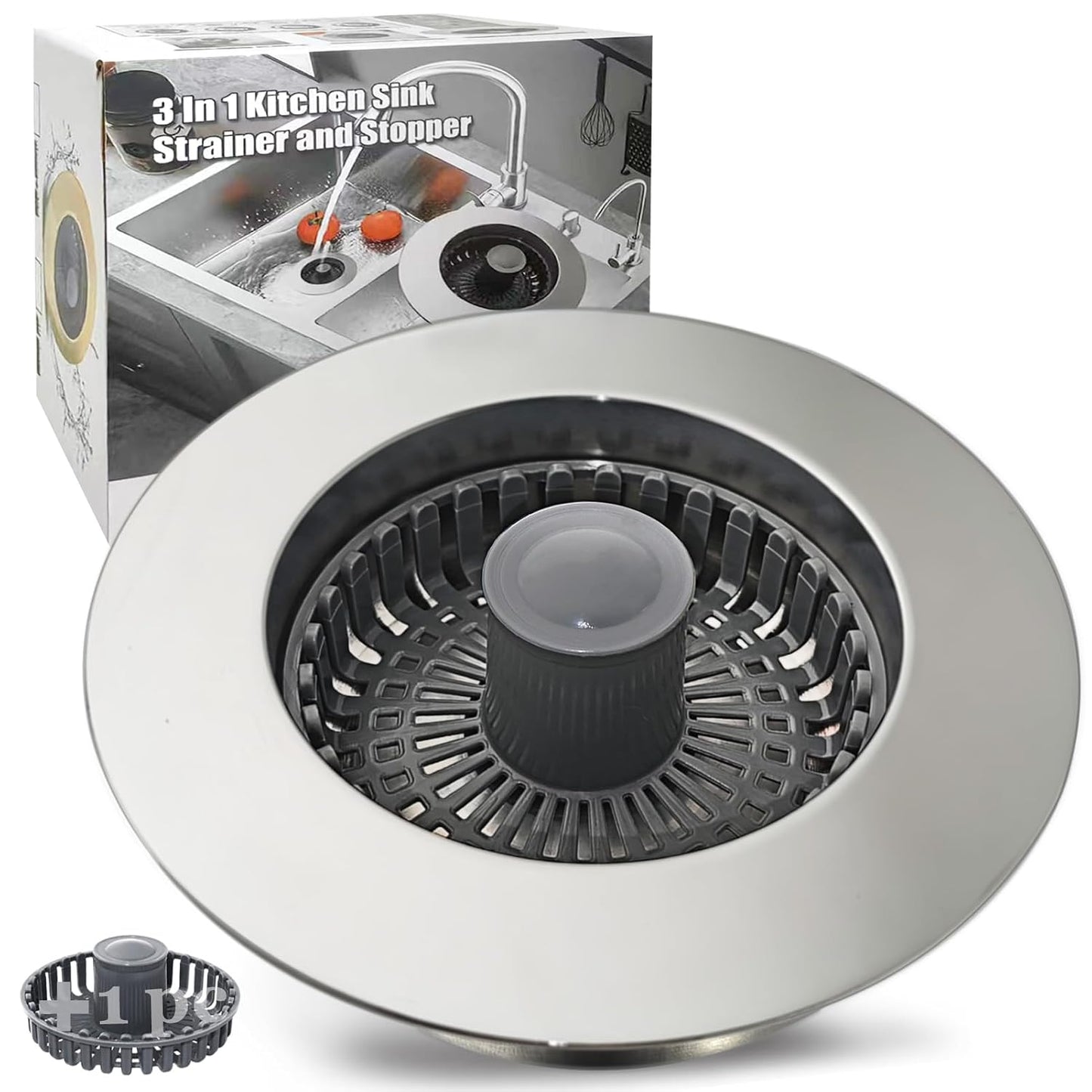 Anlige Kitchen Sink Drain Strainer, 3 in 1 Pop Up Kitchen Sink Stopper, with An Extra Basket Strainer, Universal for US Standard 3-1/2 Inch, Chrome Silver