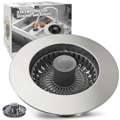 Anlige Kitchen Sink Drain Strainer, 3 in 1 Pop Up Kitchen Sink Stopper, with An Extra Basket Strainer, Universal for US Standard 3-1/2 Inch, Chrome Silver