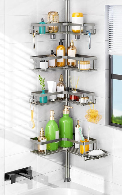HAMITOR Shower Organizer Tension Pole: 4 Tier L-Shaped Corner Bath Shelf | Rustproof Corner Caddy with Soap Holder & Hooks, No-drill Adjustable Bathroom Rack for Apartment, Small Spaces, 47-123In