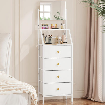 Vanity Dresser with Adjustable Mirror & 4 Drawers, White, 15.3" W | 3-Way Adjustable Mirror, 2-Tier Shelves, Steel Frame, 11-Inch Deep for Bedrooms, Dorms and Small Spaces