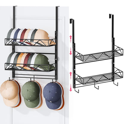Over Door Hat Organizer - 3 Tier Wall Mounted Hat Rack with 2 Adjustable Metal Basket and 3 Hooks, Hanging Baseball Cap Organizer Storage Holds up to 29 Caps for Door, Bedroom, Closet