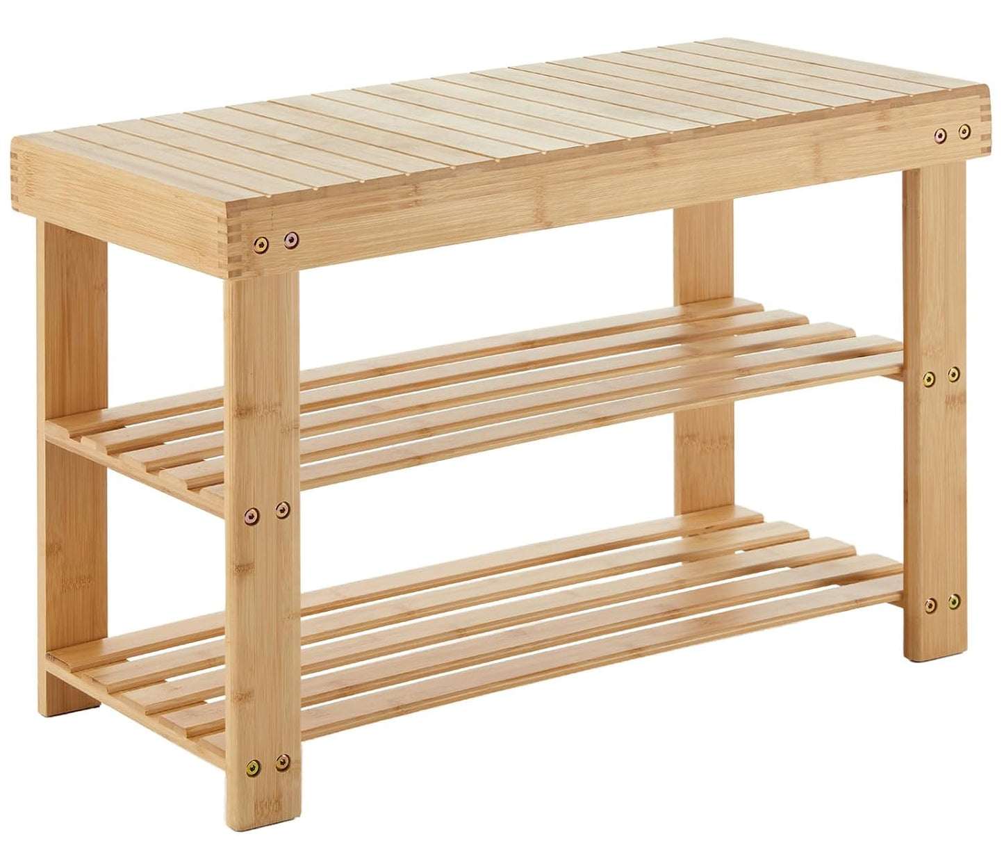 DUMOS Shoe Rack Bench with Storage, 3-Tier Bamboo Entryway Benches, Wooden Shoe Rack Holds Up to 286 lb Storage Organizer, Suitable for Bedroom Living Room Balcony, Classical Wood