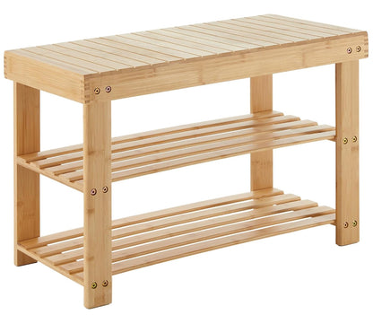 DUMOS Shoe Rack Bench with Storage, 3-Tier Bamboo Entryway Benches, Wooden Shoe Rack Holds Up to 286 lb Storage Organizer, Suitable for Bedroom Living Room Balcony, Classical Wood