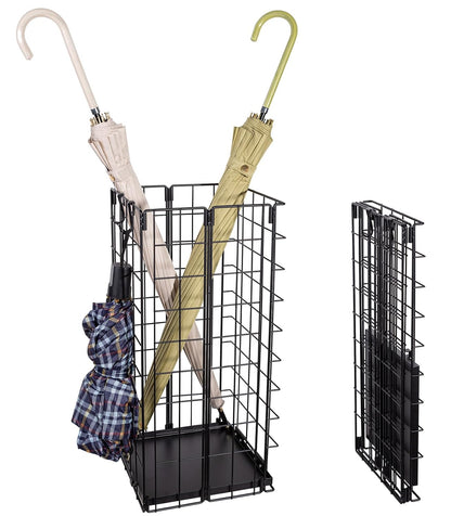 Umbrella Stand, Umbrella Holder for Entryway, Large Metal Foldable Umbrella Rack Organizer Freestanding, with Water Tray and Hooks, Rectangular Hollow Rack 9.5 x 9.5 x 19.7 Inches (Black)
