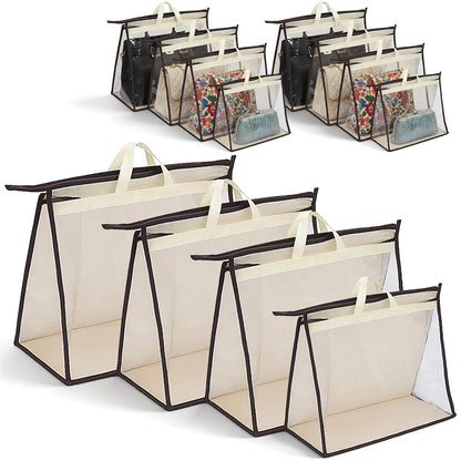12 Pack Beige Handbag Purse Storage Organizer for Closet, 4 Sizes Clear Hanging Dust Bags Cover with Zipper and Handle, Closet Purse Protector Bags