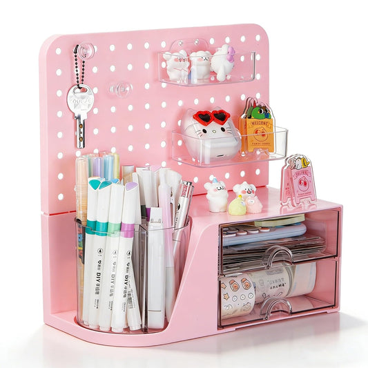 Comix Desk Organizer with 2 Drawer, Pink 360° Rotating Pen Holder for Desk | Desk Organizers and Accessories with 5 Slots Pencil Holder+Pegboard+Drawer, Pen Organizer for Home School Art Office Supplies